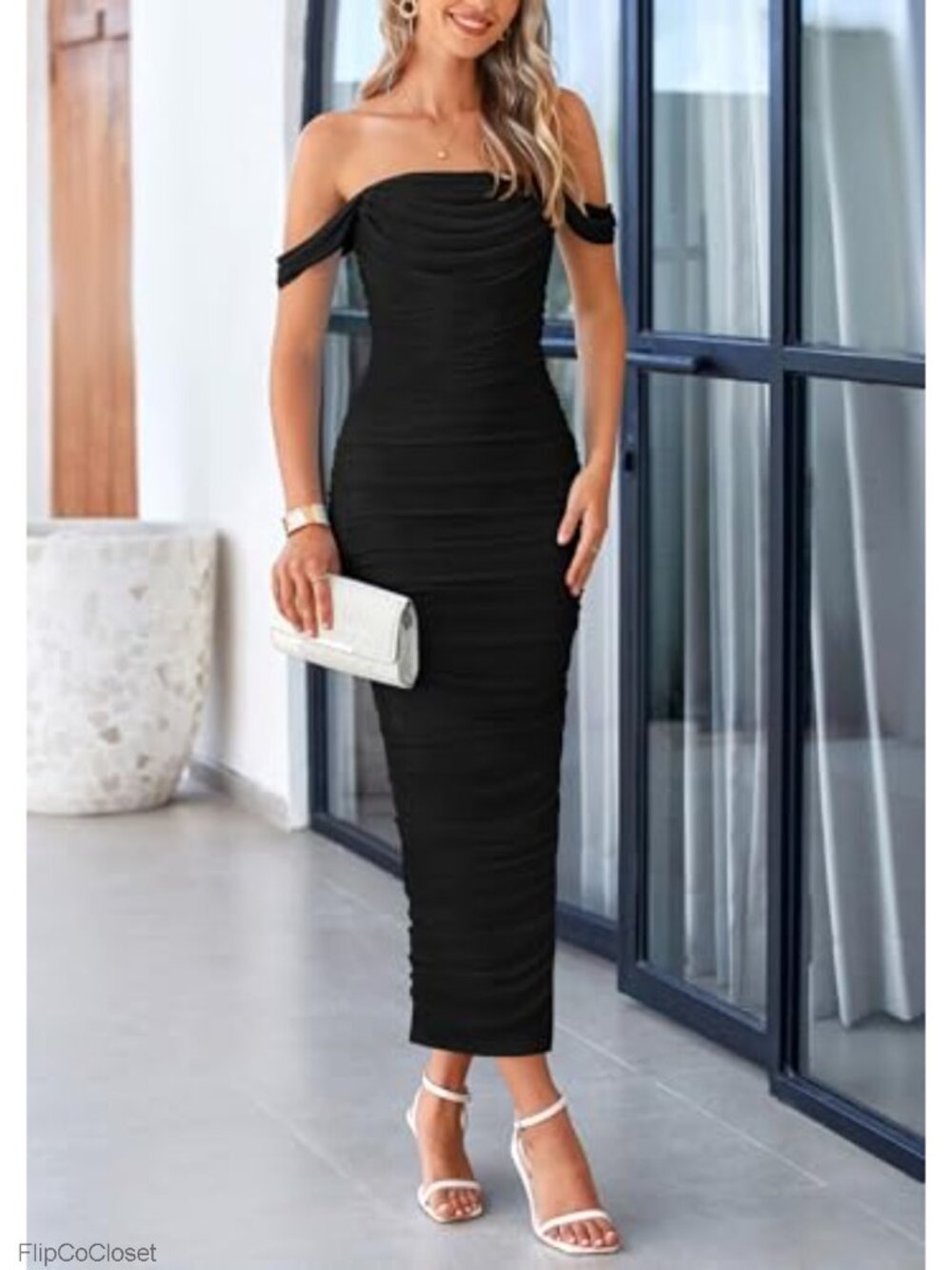 Off Shoulder Ruched Bodycon Maxi Dress Mesh - Picture 4 of 6